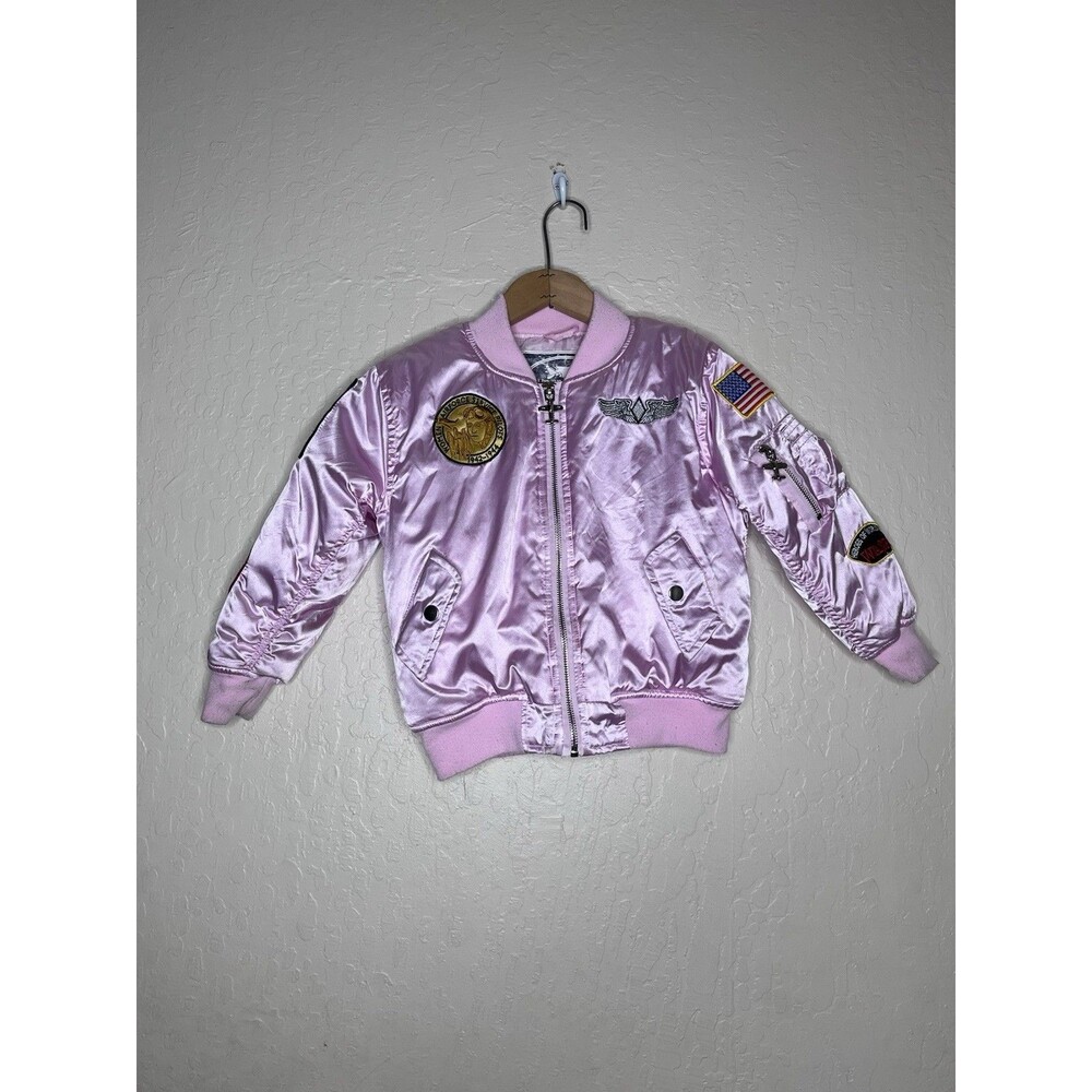 Up & Away Pink Satin Airplane Hardware Flight Jacket Girls Size M/6 PLS READ